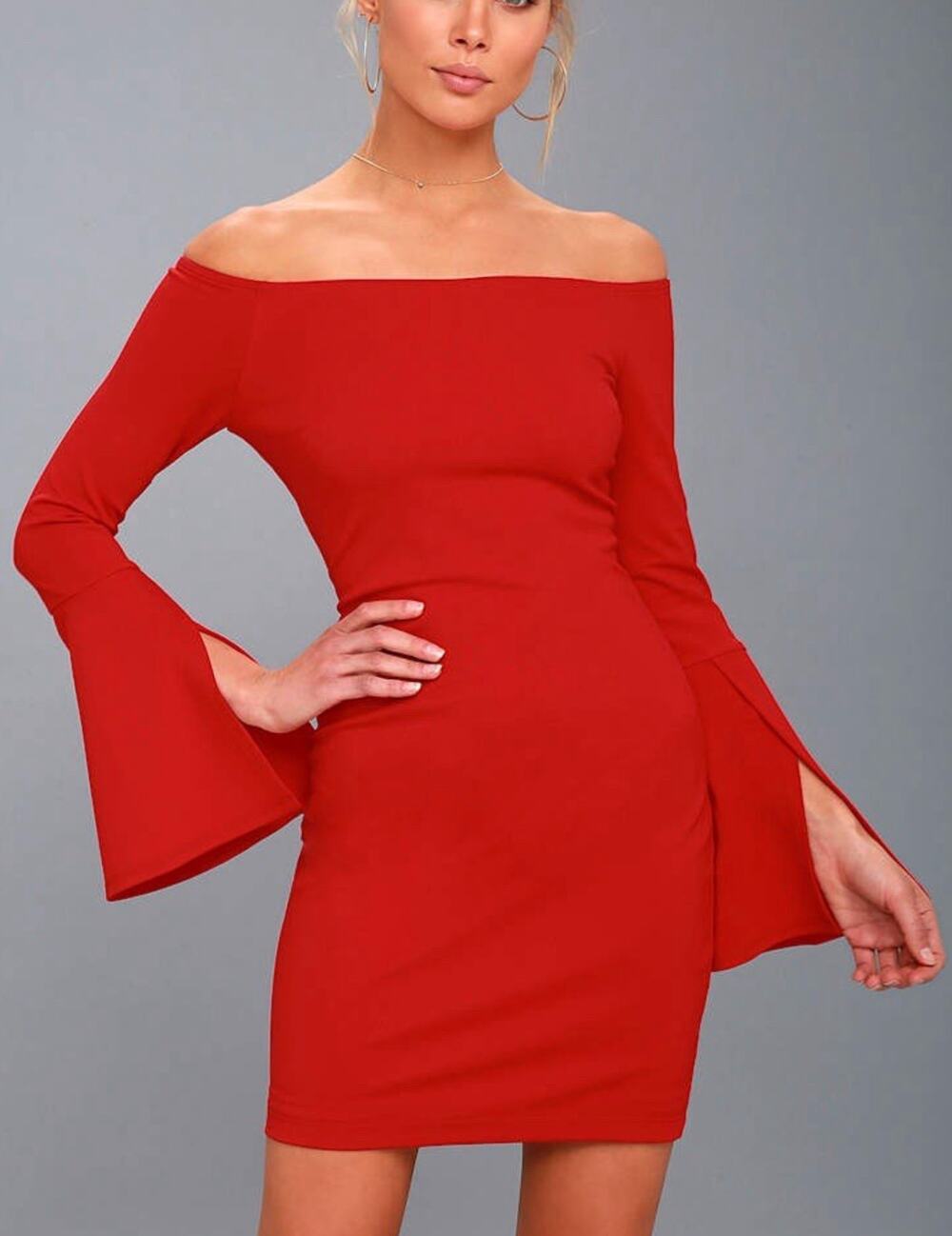 Lulus Marseille Red Bodycon Mini Dress Off-the-Shoulder Long Bell Sleeves Size M